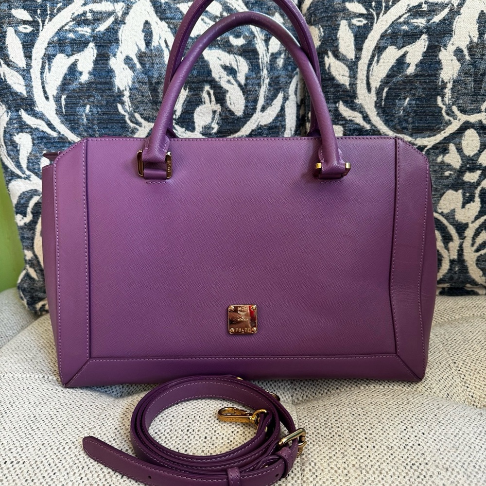 Authentic MCM Purple Saffiano Leather Tote with strap